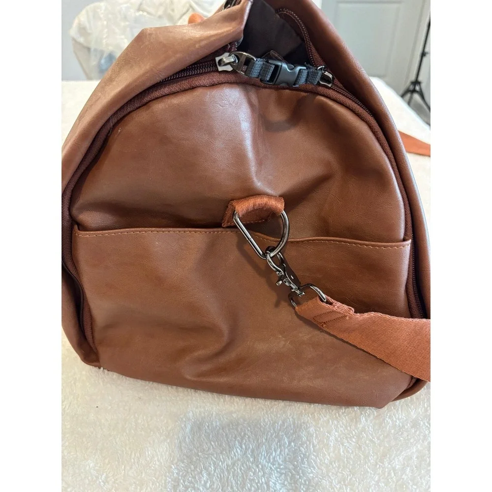Seyfocnia Brown Faux Leather Duffle Bag Travel Weekender Gym Bag Shoe